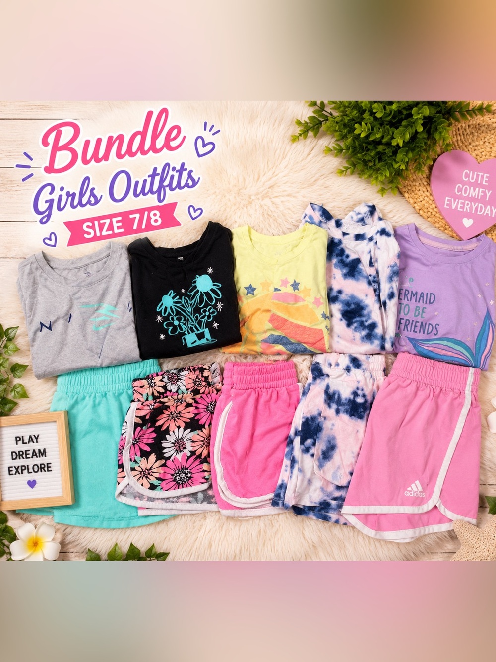 Girls Shorts & Tops Bundle - Pink, Aqua, Black, Yellow, Tie-Dye